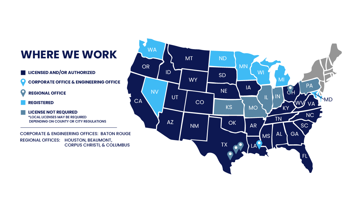 Map showing ISC's offices across the United States. The corporate and engineering offices are located in Baton Rouge, Louisiana. Regional offices are located in Houston, Texas, Beaumont, Texas, Corpus Christi, Texas, and Columbus, Ohio.